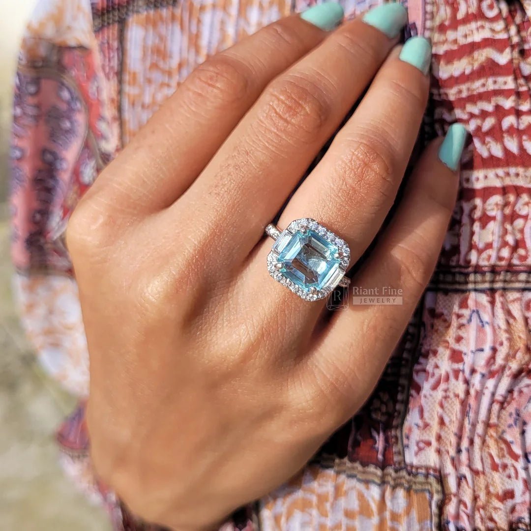 Square Emerald Cut Aquamarine Halo Engagement Ring - Riant Fine Jewelry