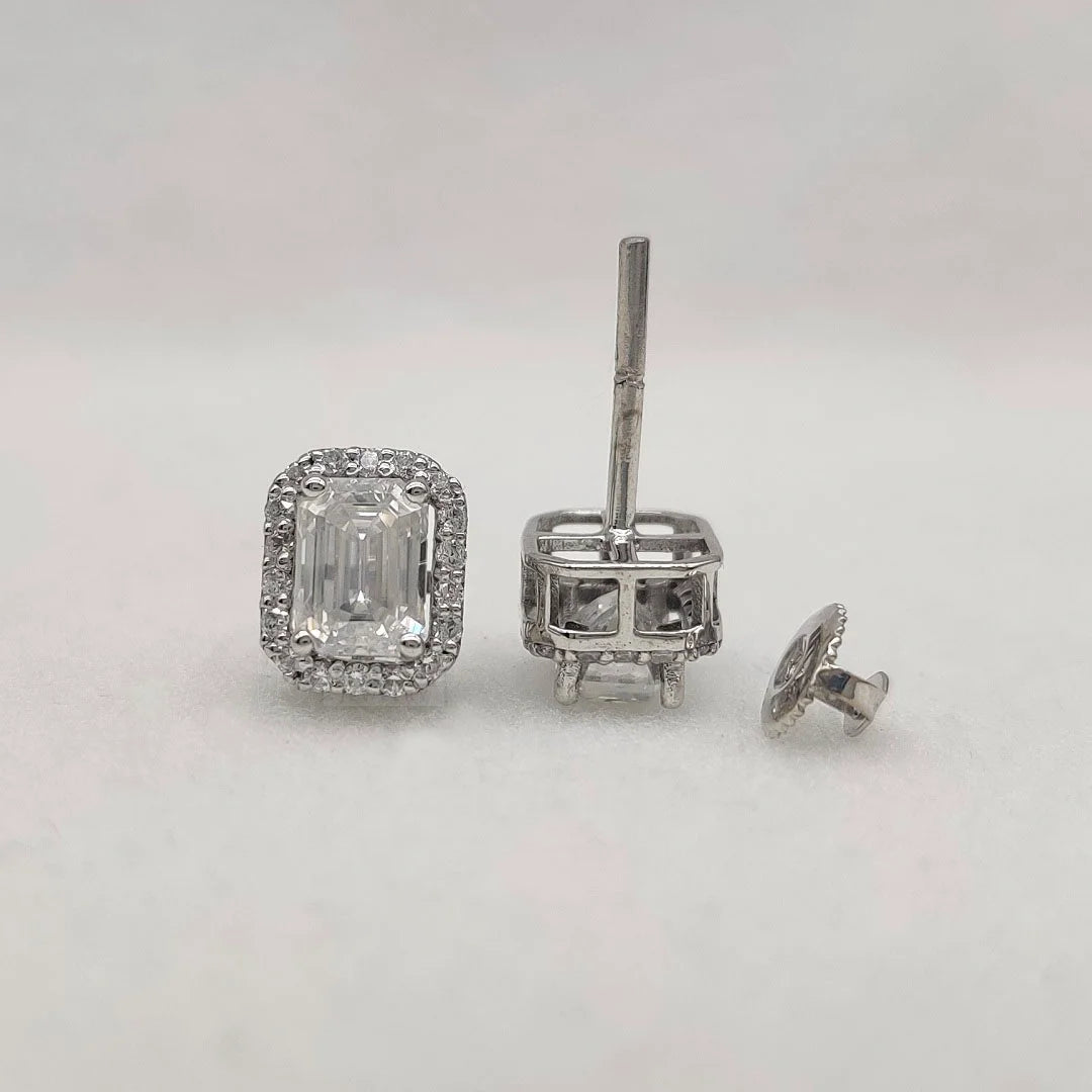 Emerald Cut Lab Diamond Halo Stud Earring In 14K Gold