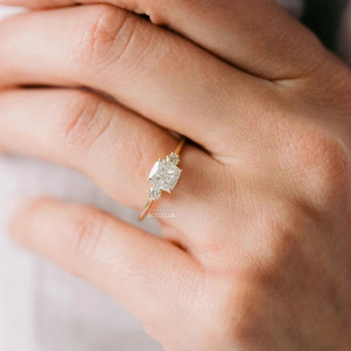 Three Stone Cushion Diamond Engagement Ring | 14K Gold - Riant Fine Jewelry LLC