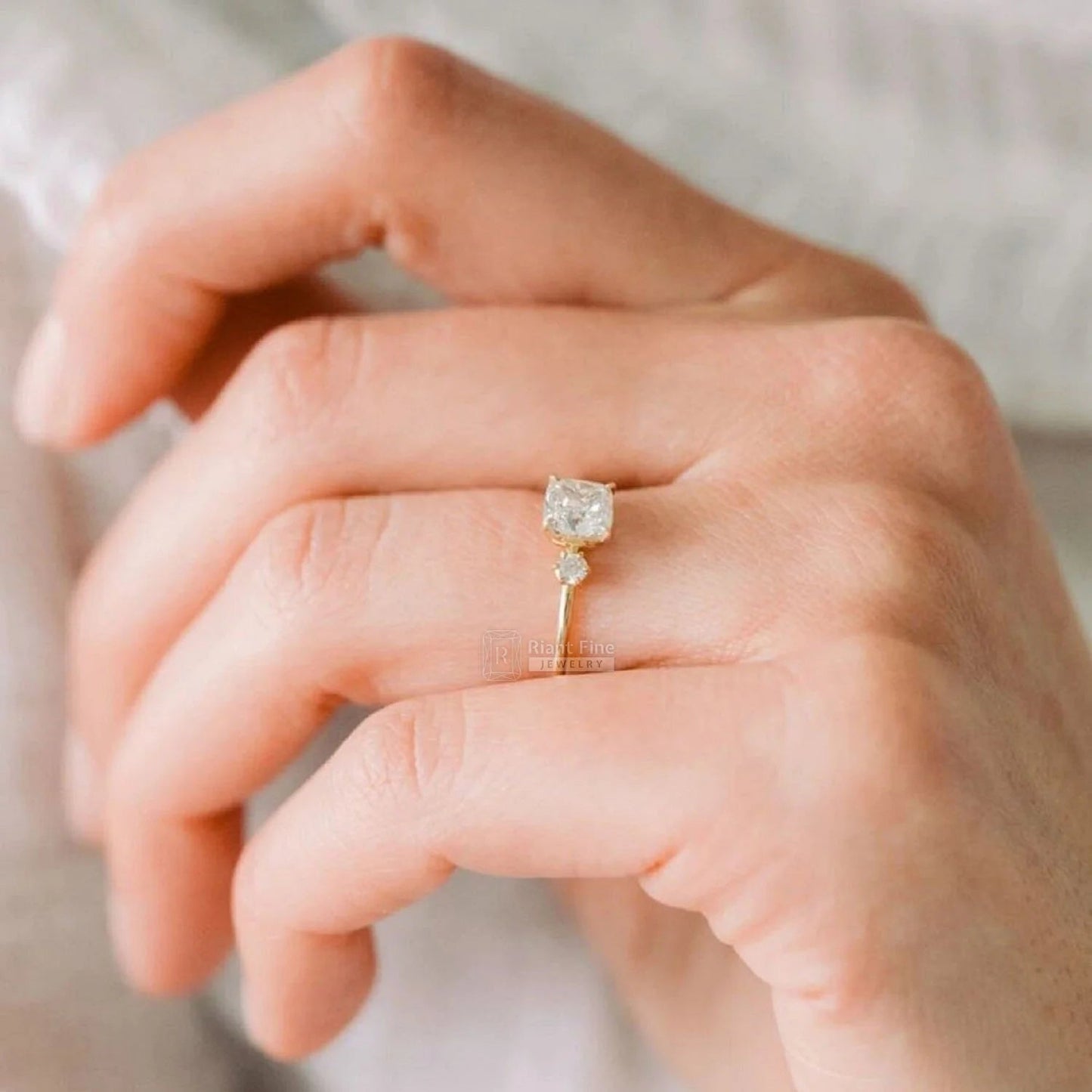 Three Stone Cushion Diamond Engagement Ring | 14K Gold - Riant Fine Jewelry LLC