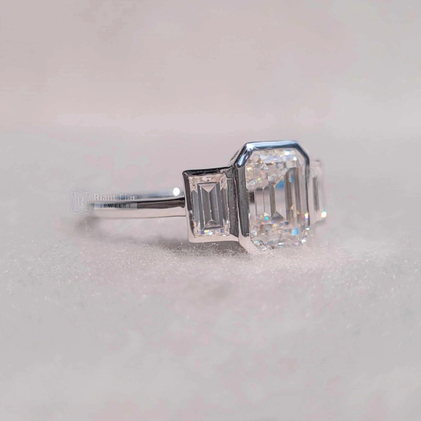 Three Stone Emerald Cut Lab Diamond Engagement Ring - Riant Fine Jewelry LLC