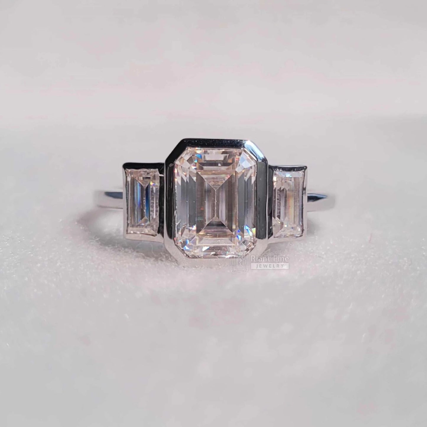 Three Stone Emerald Cut Lab Diamond Engagement Ring - Riant Fine Jewelry LLC