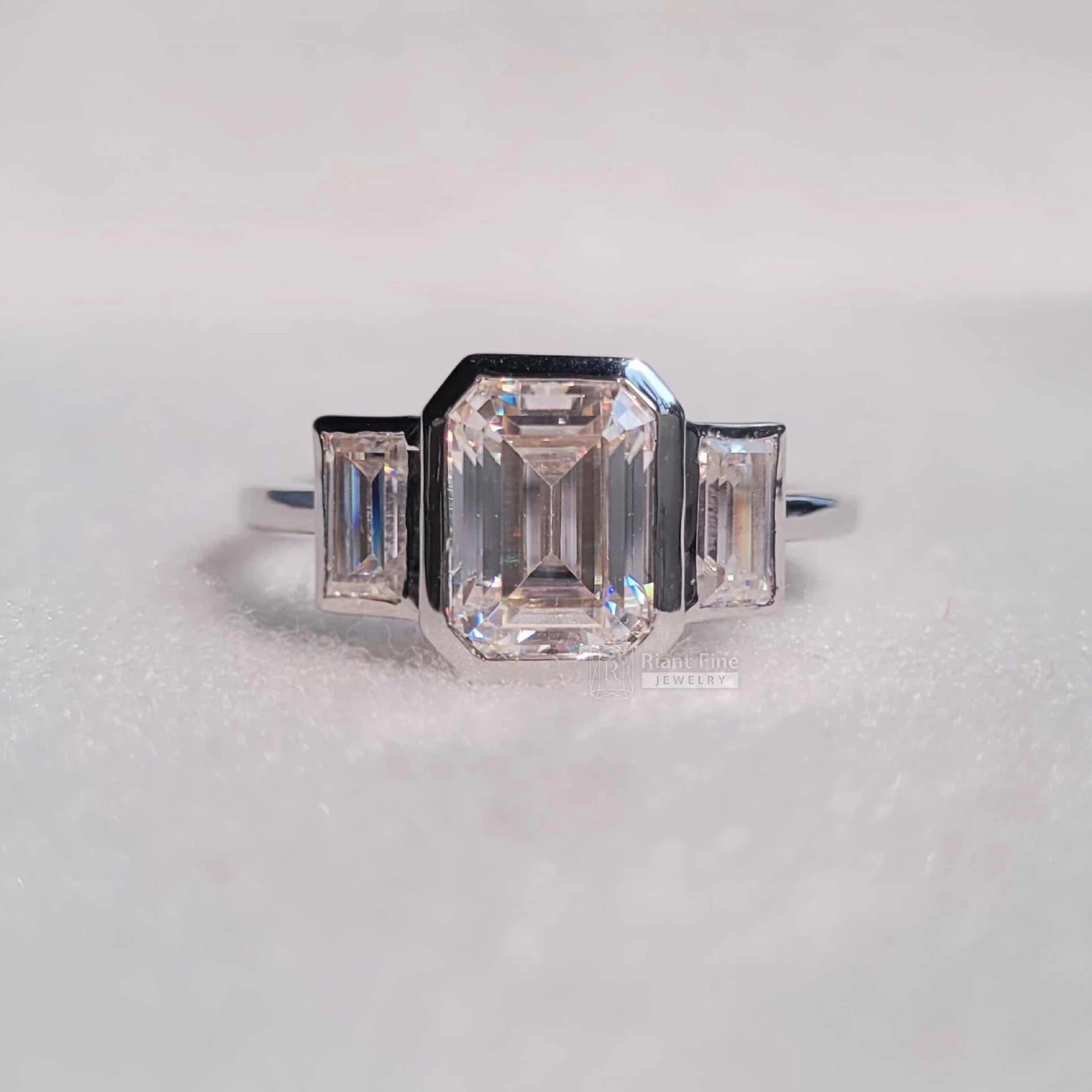 Three Stone Emerald Cut Lab Diamond Engagement Ring - Riant Fine Jewelry LLC