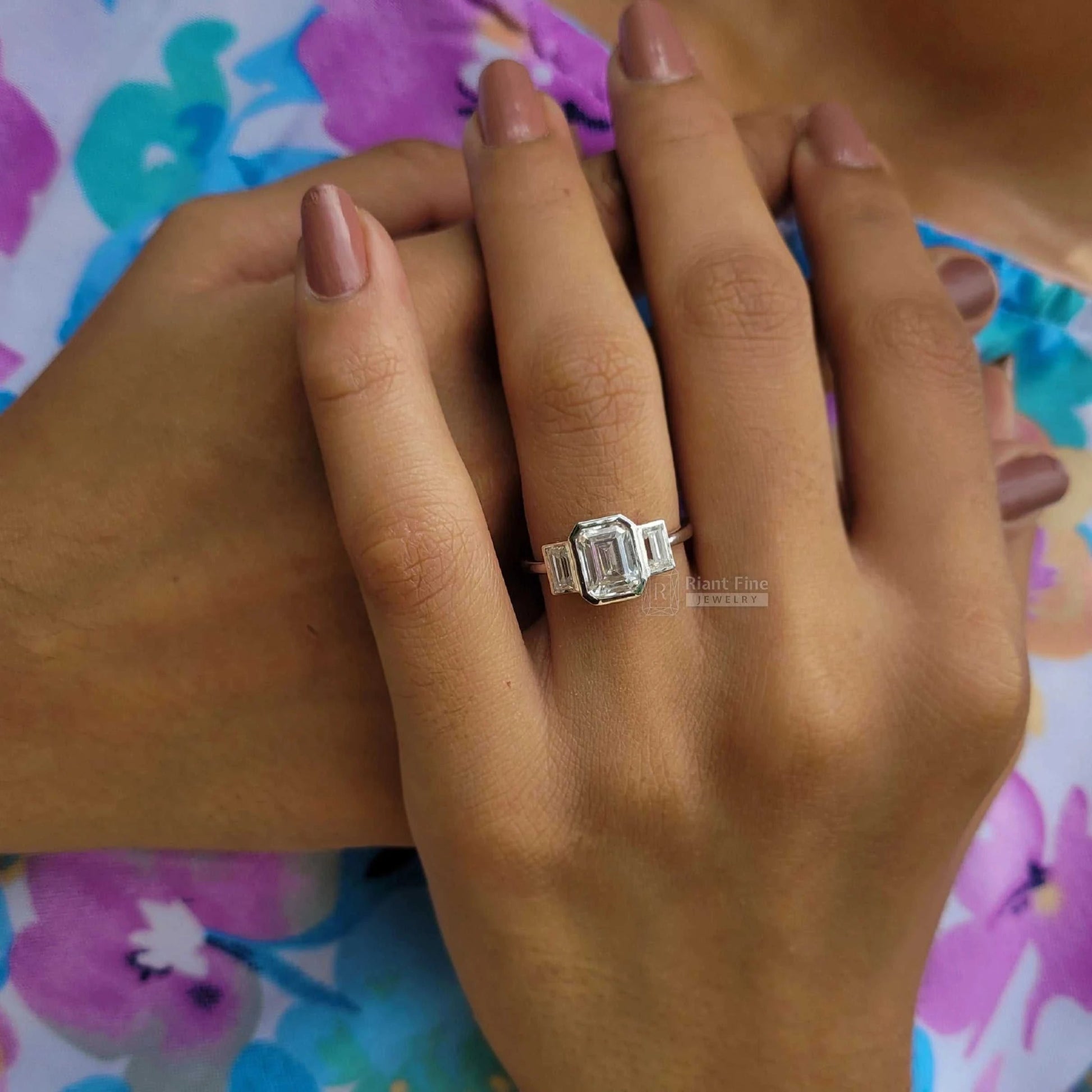 Three Stone Emerald Cut Lab Diamond Engagement Ring - Riant Fine Jewelry LLC