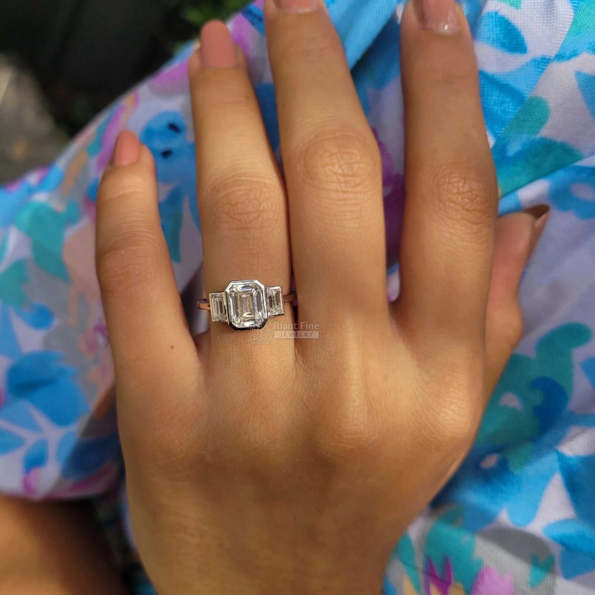 Three Stone Emerald Cut Lab Diamond Engagement Ring - Riant Fine Jewelry LLC