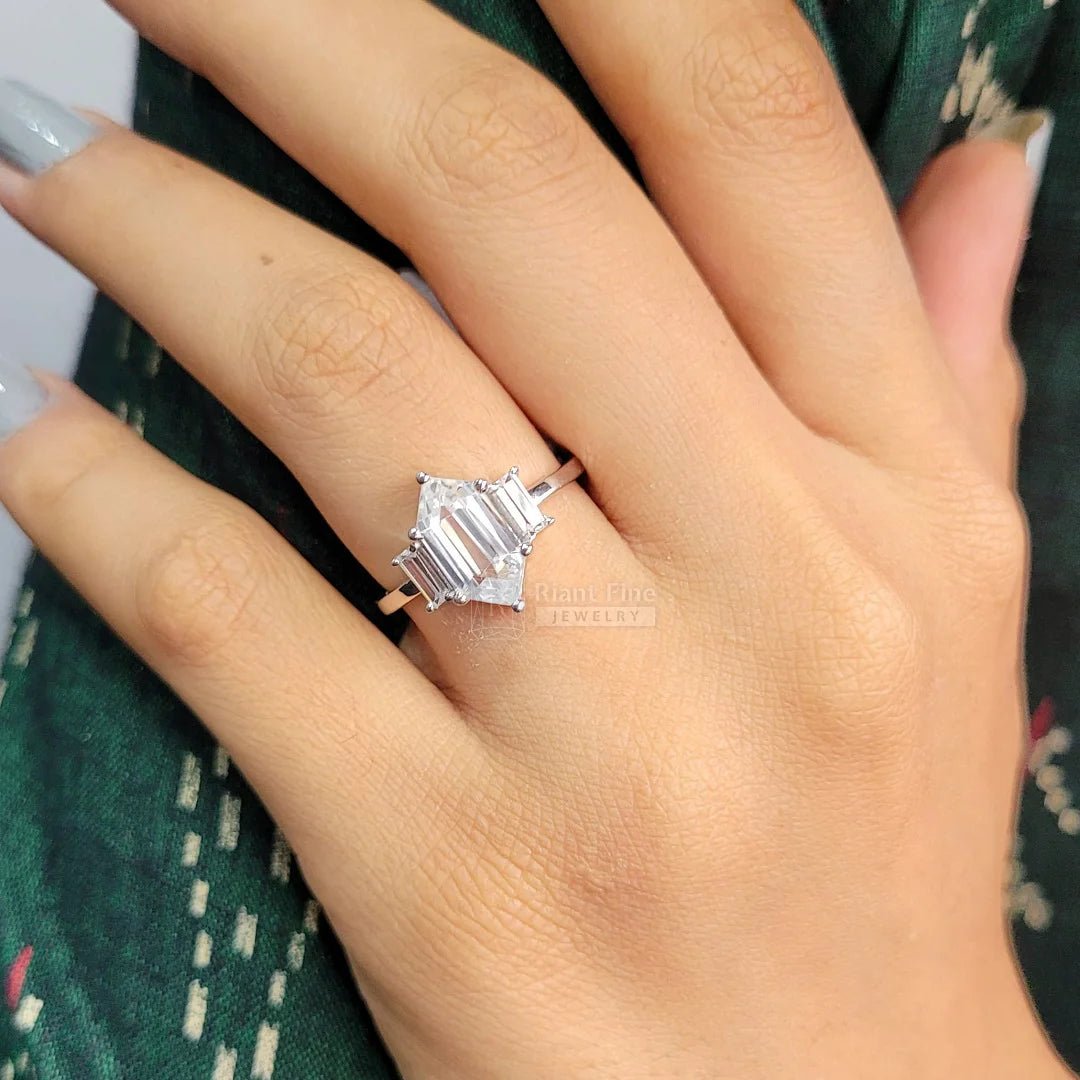 Three Stone Hexagon Moissanite Engagement Ring - Riant Fine Jewelry LLC