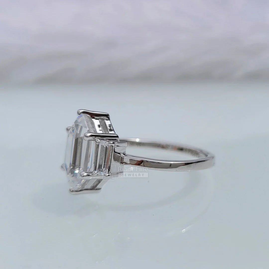 Three Stone Hexagon Moissanite Engagement Ring - Riant Fine Jewelry LLC