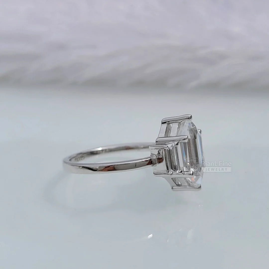 Three Stone Hexagon Moissanite Engagement Ring - Riant Fine Jewelry LLC