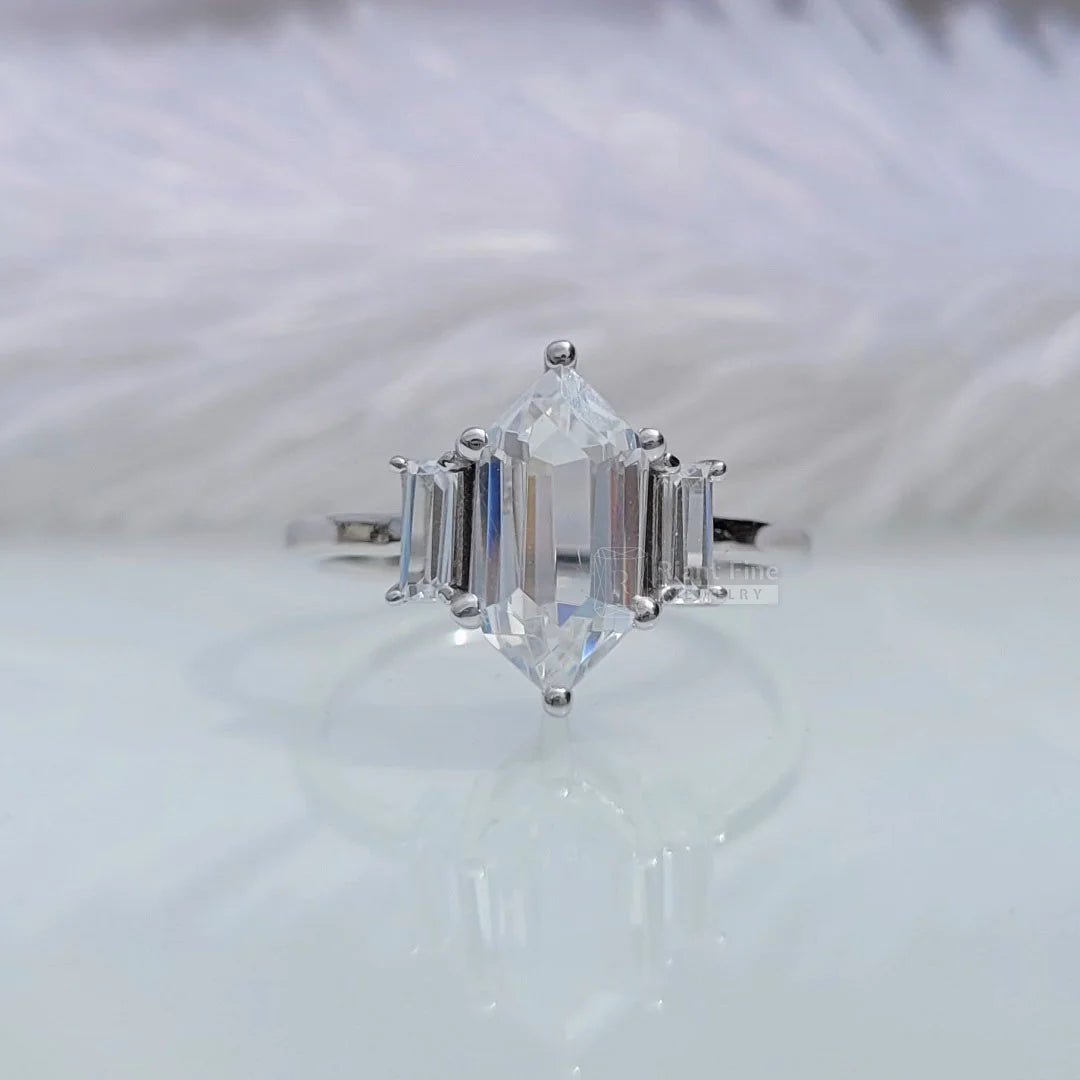 Three Stone Hexagon Moissanite Engagement Ring - Riant Fine Jewelry LLC