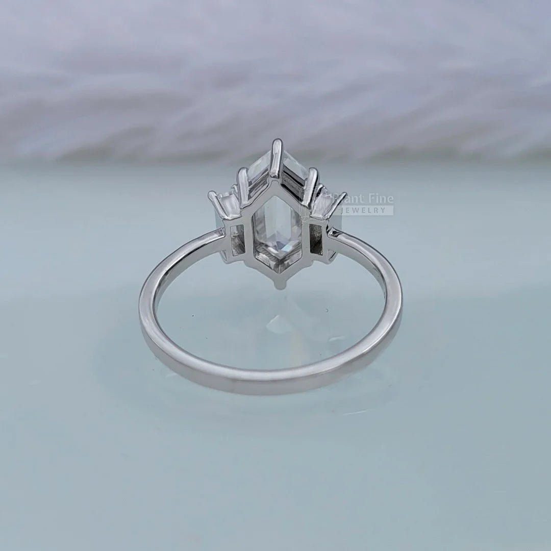 Three Stone Hexagon Moissanite Engagement Ring - Riant Fine Jewelry LLC