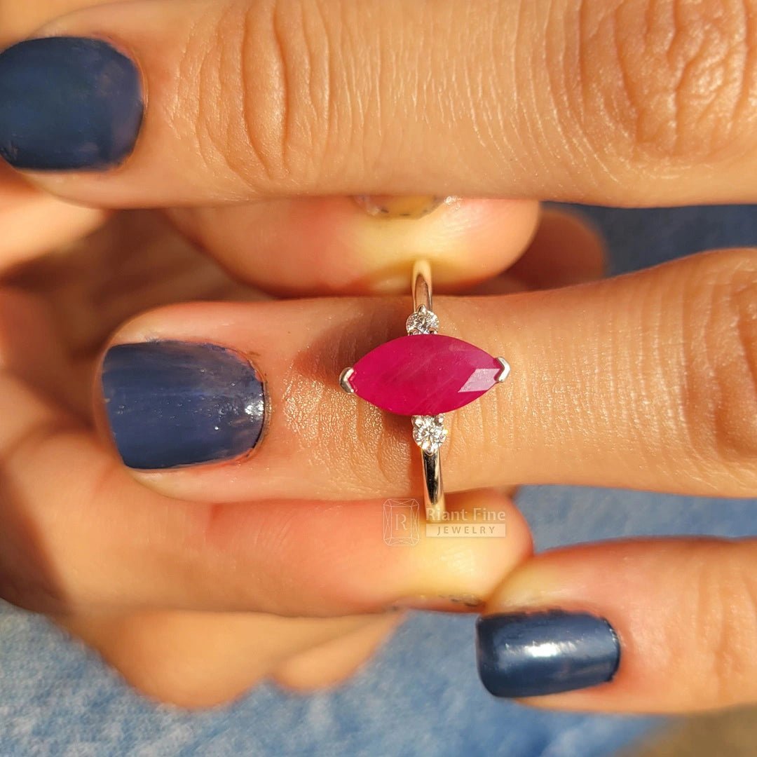Three Stone Marquise Cut Ruby Engagement Ring - Riant Fine Jewelry