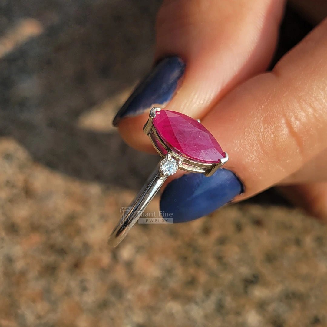 Three Stone Marquise Cut Ruby Engagement Ring - Riant Fine Jewelry