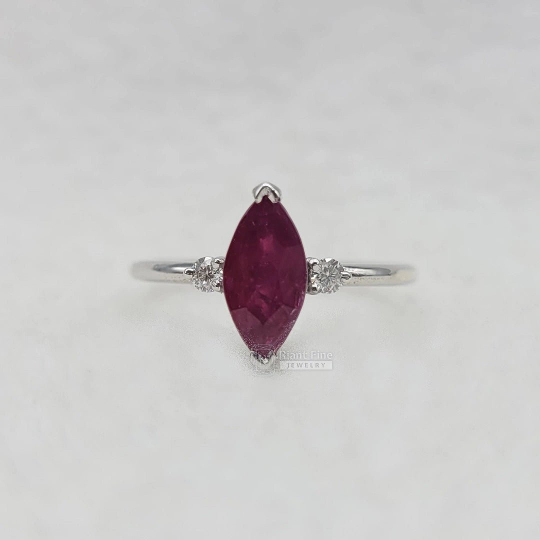 Three Stone Marquise Cut Ruby Engagement Ring - Riant Fine Jewelry