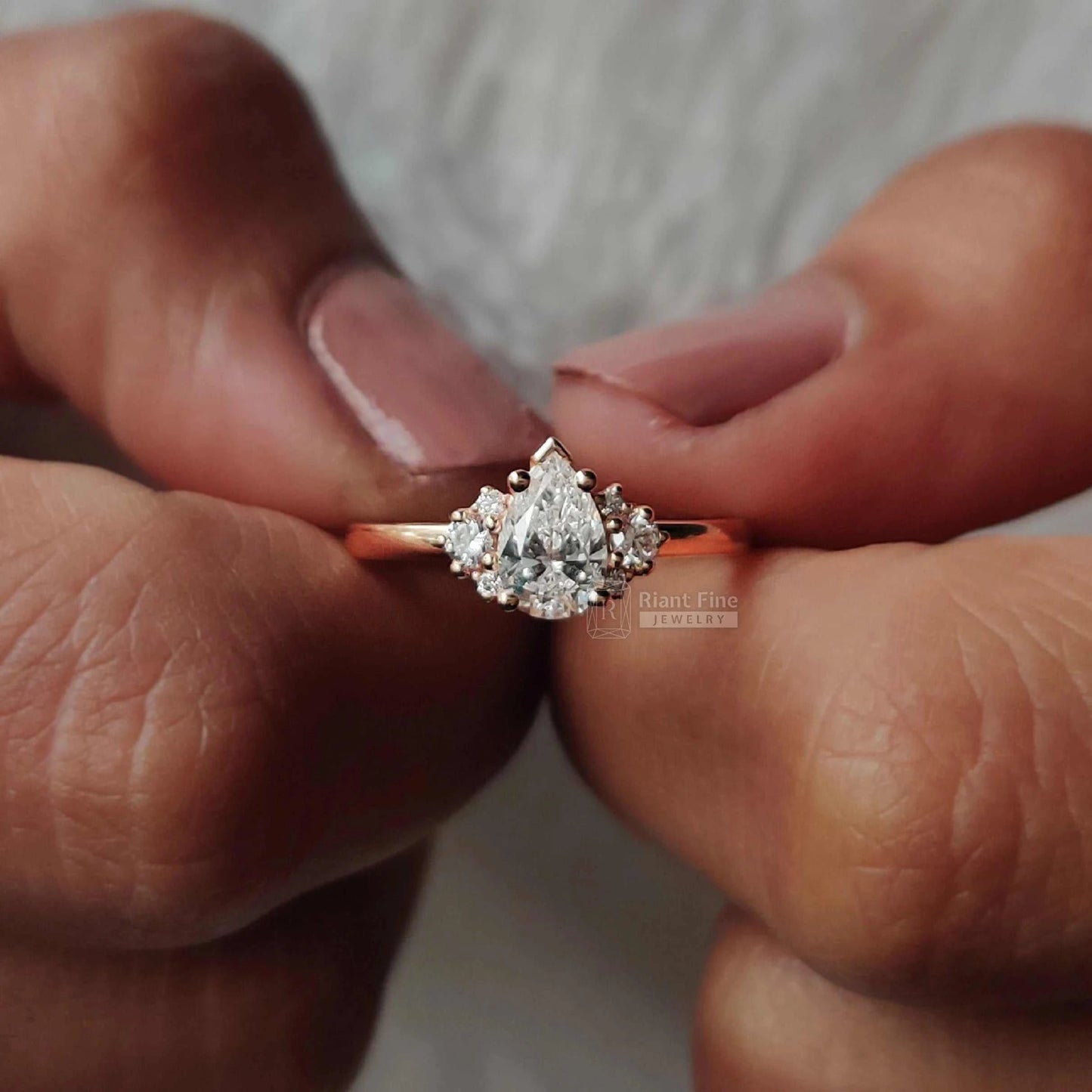 Three Stone Pear Diamond Engagement Ring in 14K Gold - Riant Fine Jewelry LLC
