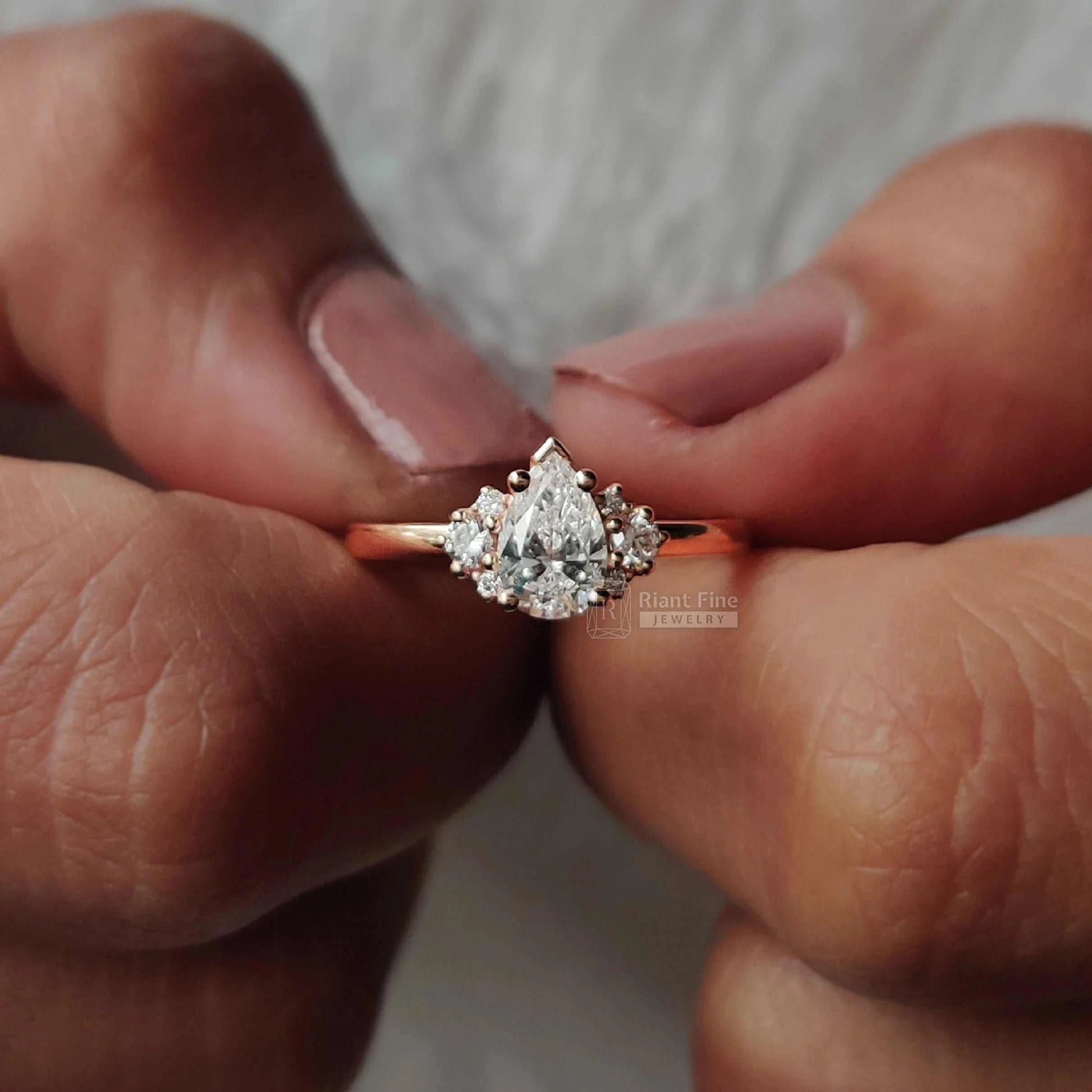 Three Stone Pear Diamond Engagement Ring in 14K Gold - Riant Fine Jewelry LLC