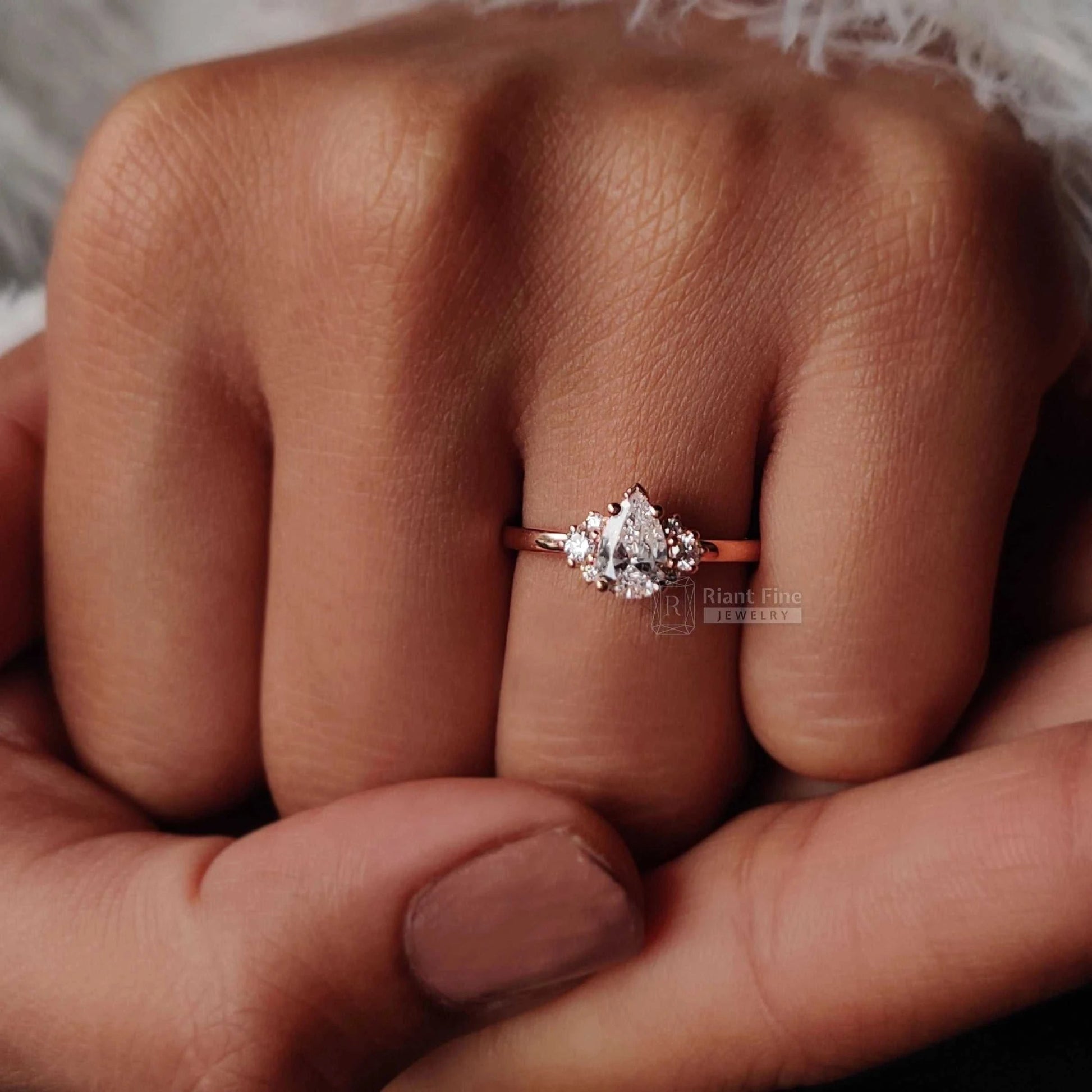 Three Stone Pear Diamond Engagement Ring in 14K Gold - Riant Fine Jewelry LLC