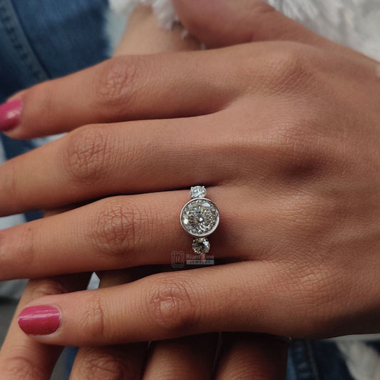 Three Stone Portuguese Round Cut Moissanite Engagement Ring - Riant Fine Jewelry LLC
