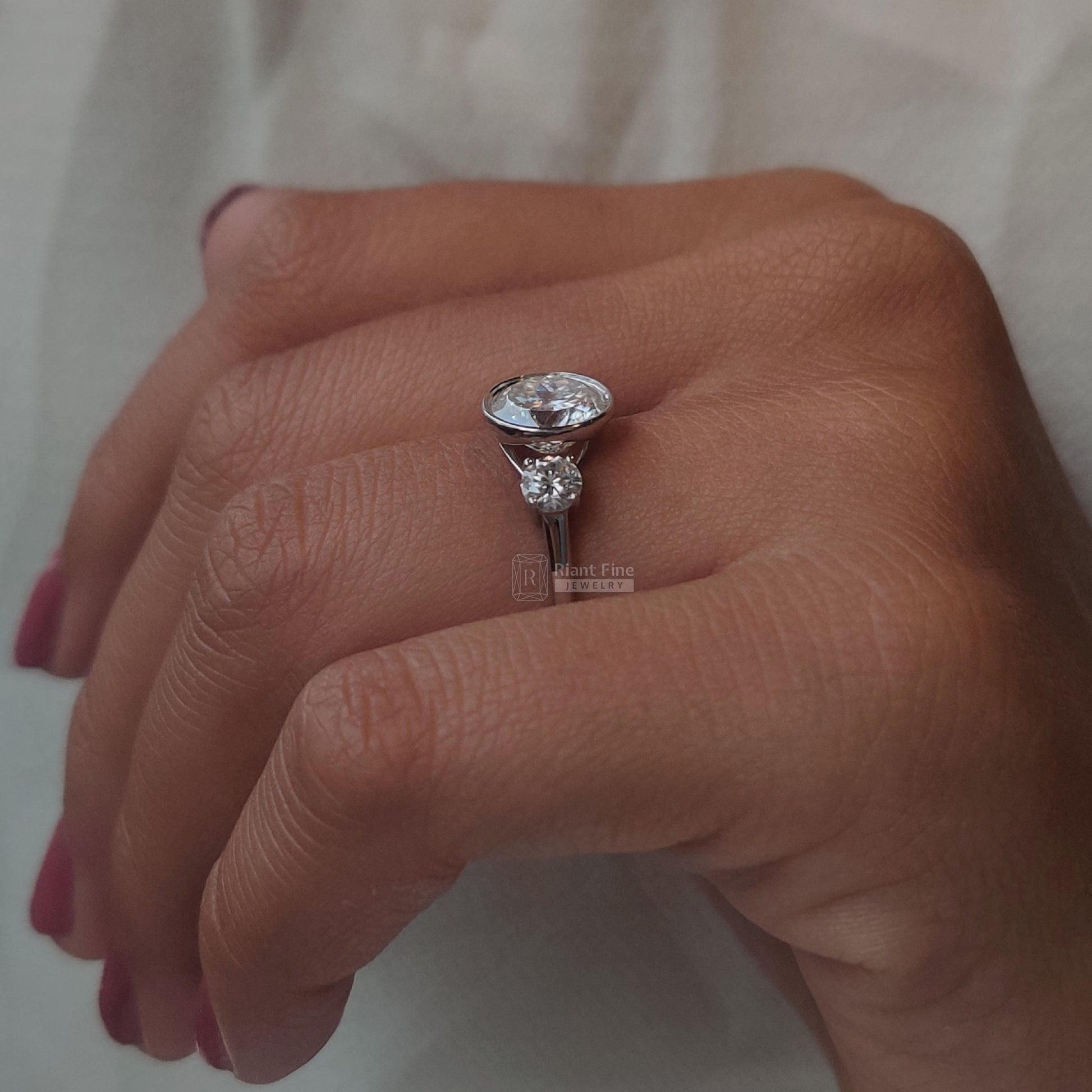 Three Stone Portuguese Round Cut Moissanite Engagement Ring - Riant Fine Jewelry LLC