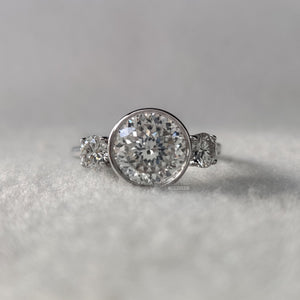 Three Stone Portuguese Round Cut Moissanite Engagement Ring