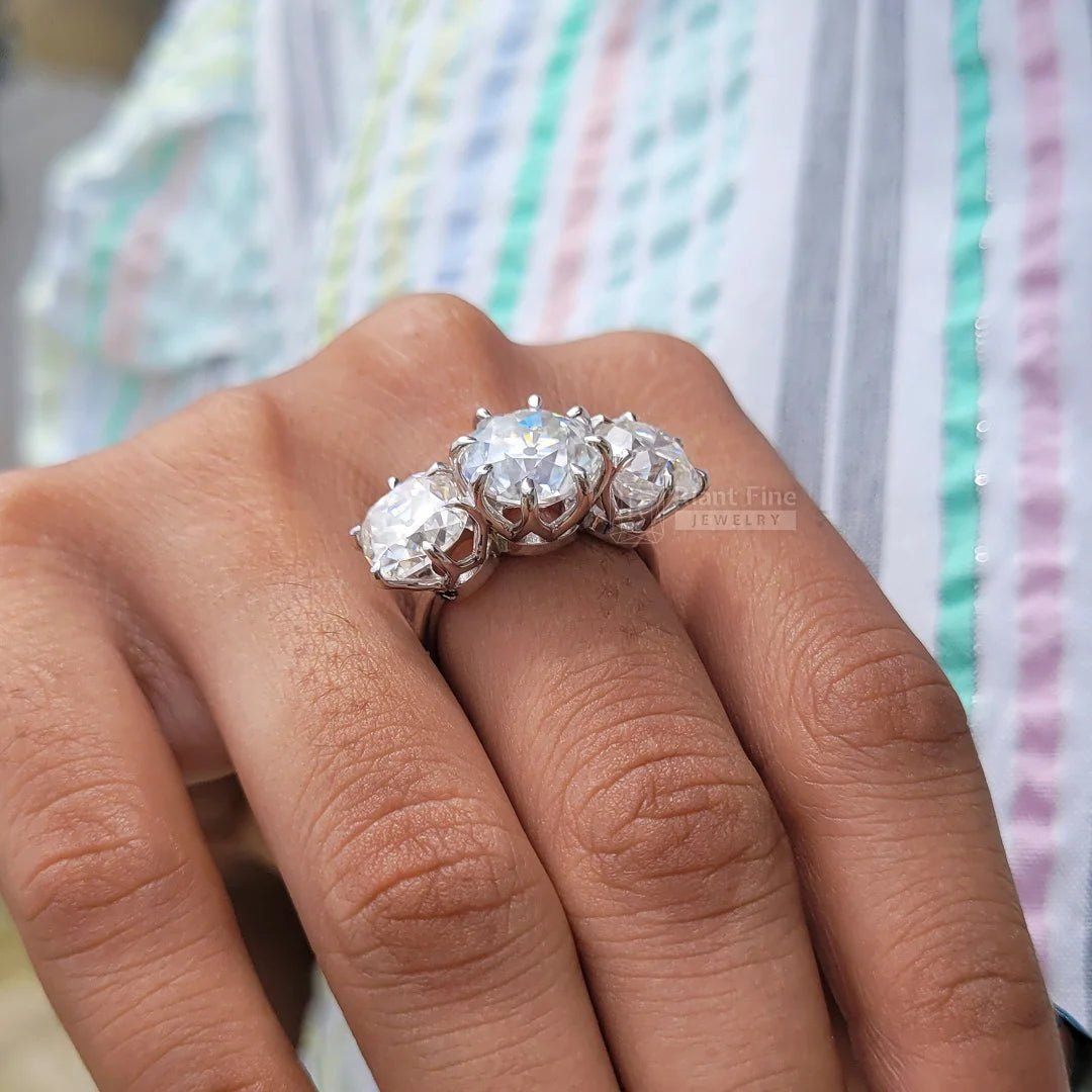 Three Stone Round European Cut Moissanite Engagement Ring - Riant Fine Jewelry LLC