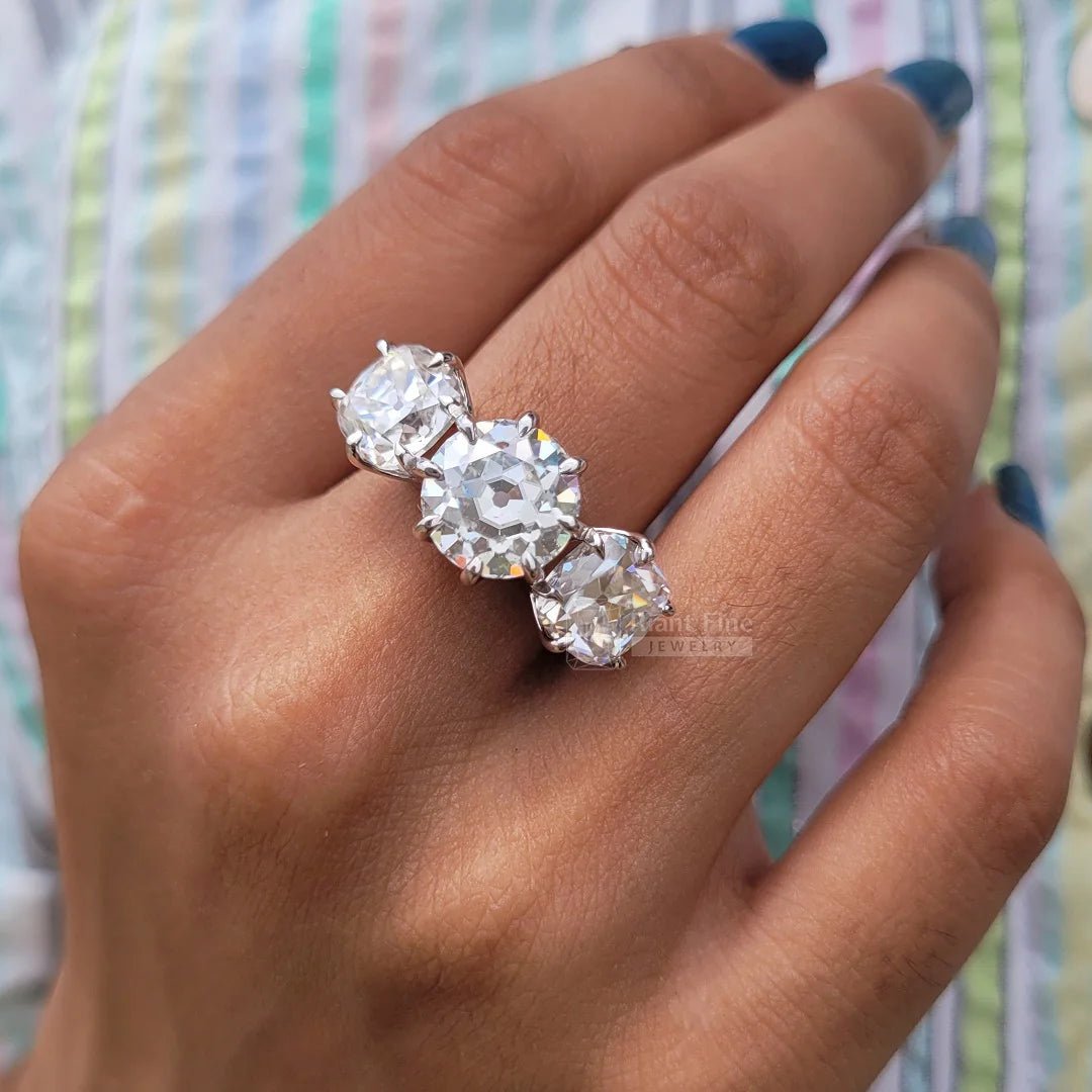 Three Stone Round European Cut Moissanite Engagement Ring - Riant Fine Jewelry LLC
