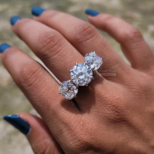 Three Stone Round European Cut Moissanite Engagement Ring - Riant Fine Jewelry LLC