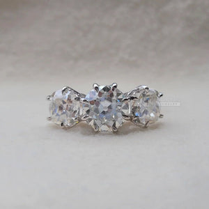 Three Stone Round European Cut Moissanite Engagement Ring