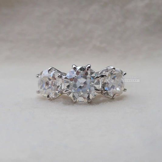 Three Stone Round European Cut Moissanite Engagement Ring - Riant Fine Jewelry LLC