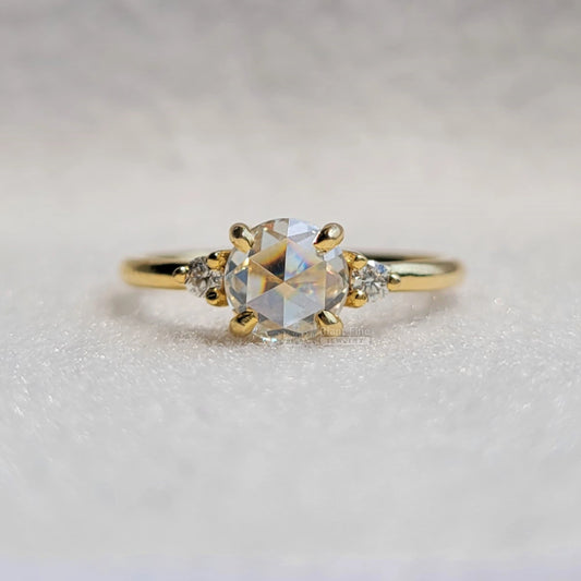 Three Stone Round Rose Cut Moissanite Engagement Ring - Riant Fine Jewelry LLC