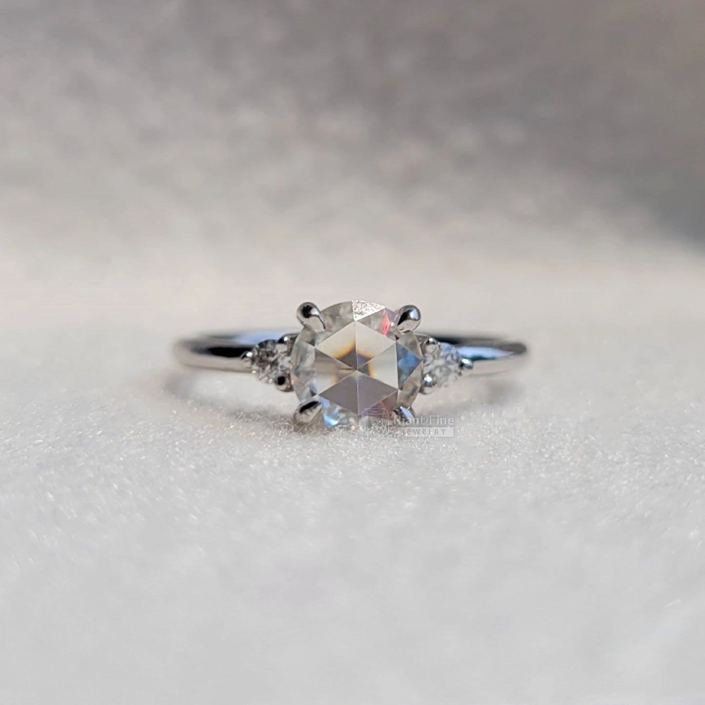 Three Stone Round Rose Cut Moissanite Engagement Ring - Riant Fine Jewelry LLC