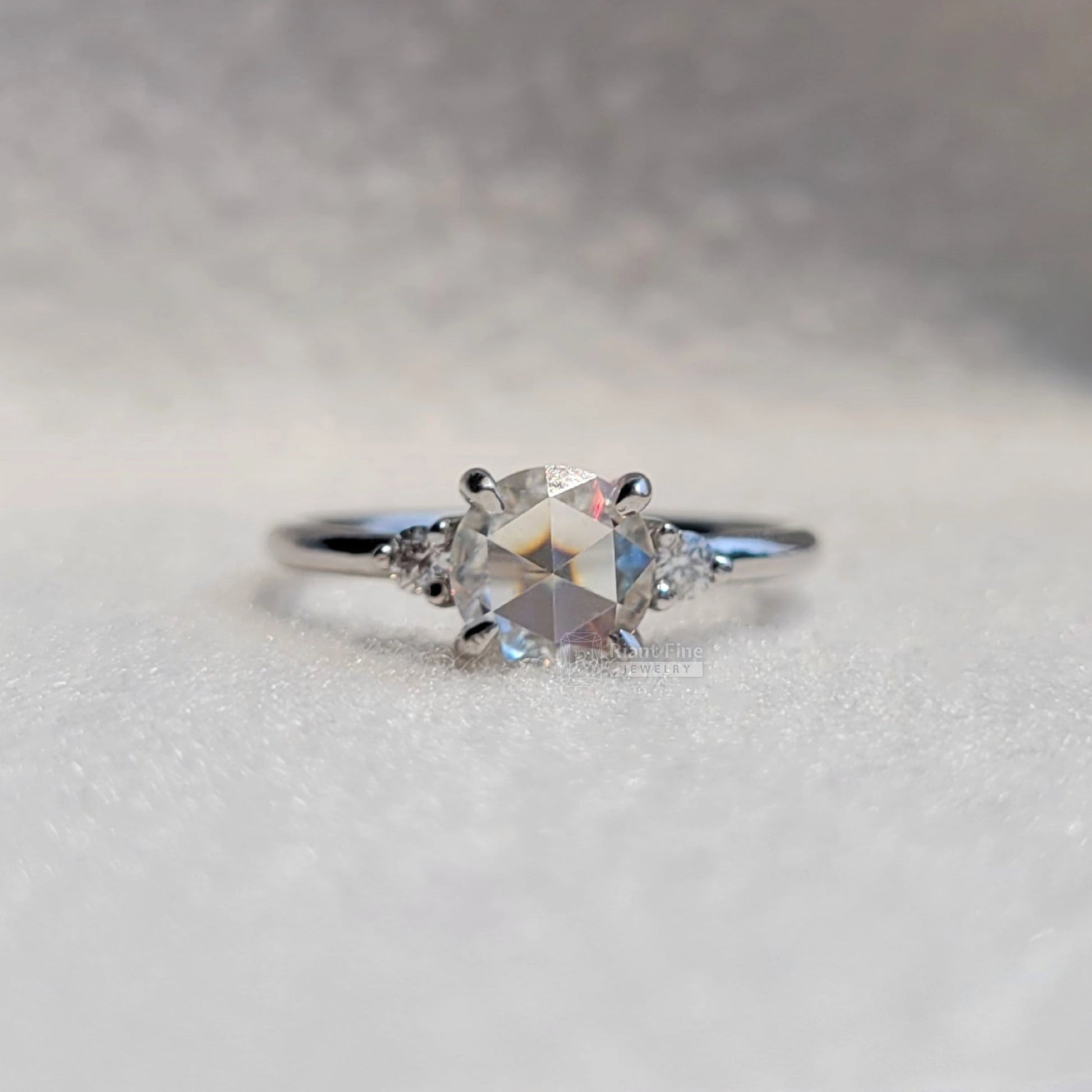 Three Stone Round Rose Cut Moissanite Engagement Ring - Riant Fine Jewelry LLC