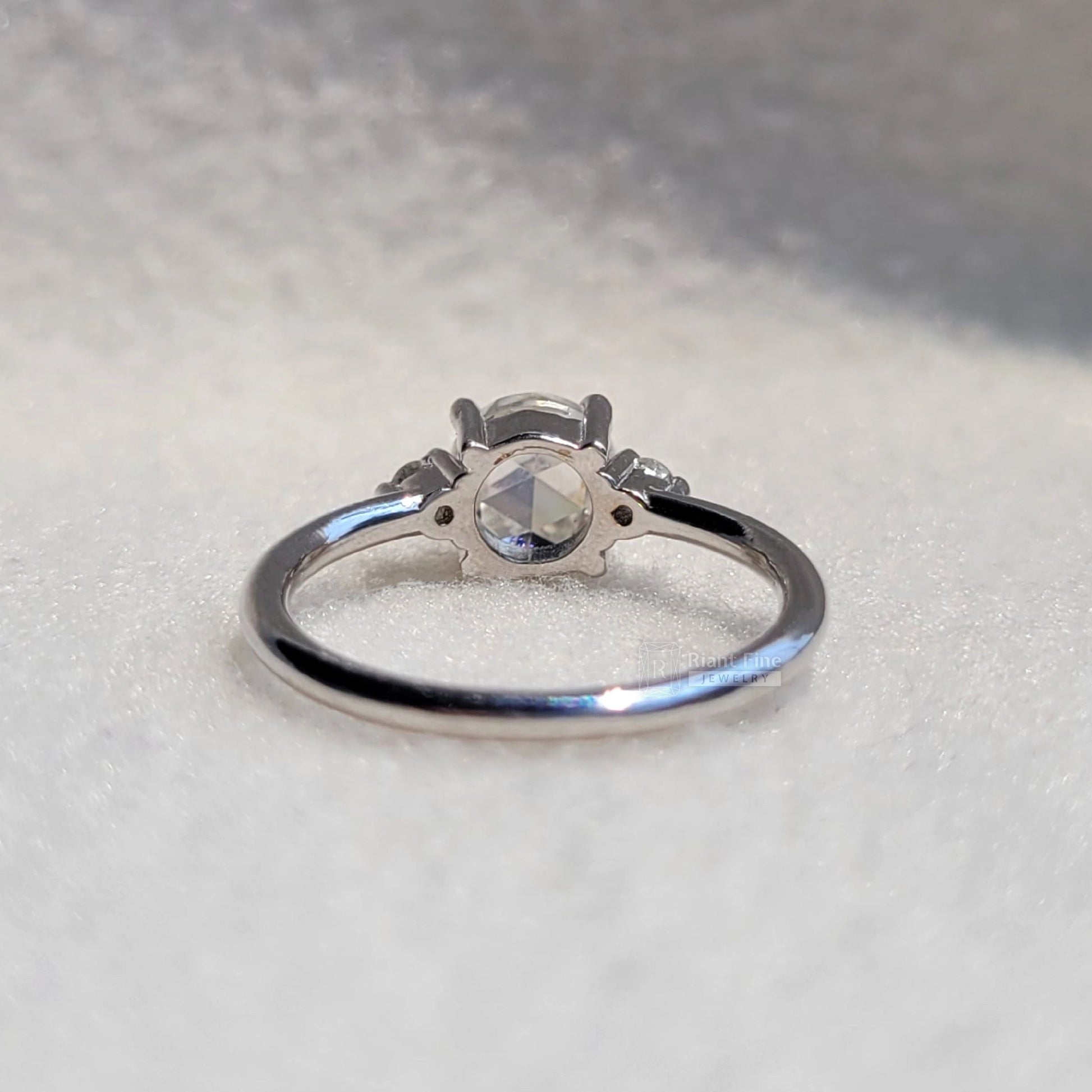 Three Stone Round Rose Cut Moissanite Engagement Ring - Riant Fine Jewelry LLC