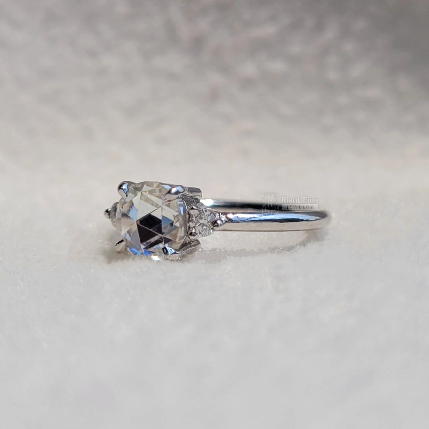 Three Stone Round Rose Cut Moissanite Engagement Ring - Riant Fine Jewelry LLC