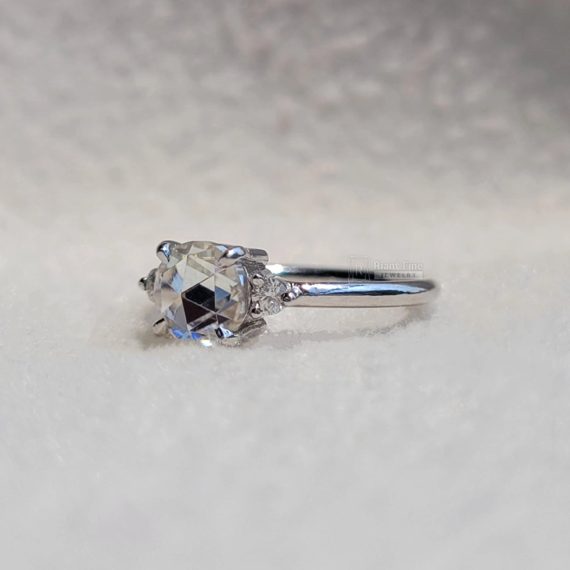 Three Stone Round Rose Cut Moissanite Engagement Ring - Riant Fine Jewelry LLC