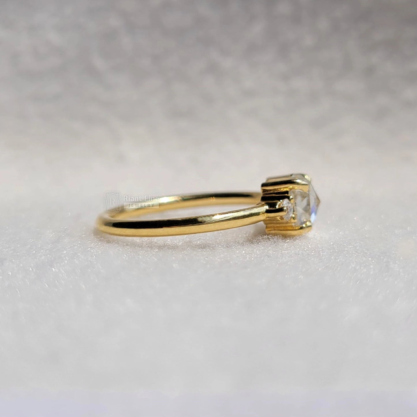 Three Stone Round Rose Cut Moissanite Engagement Ring - Riant Fine Jewelry LLC