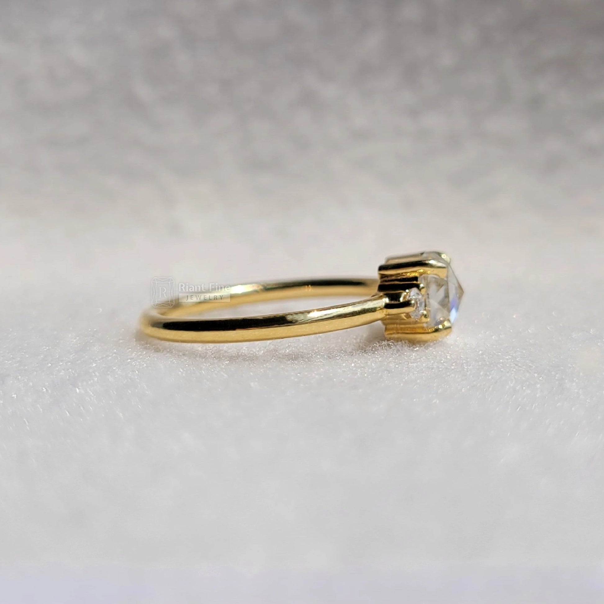 Three Stone Round Rose Cut Moissanite Engagement Ring - Riant Fine Jewelry LLC