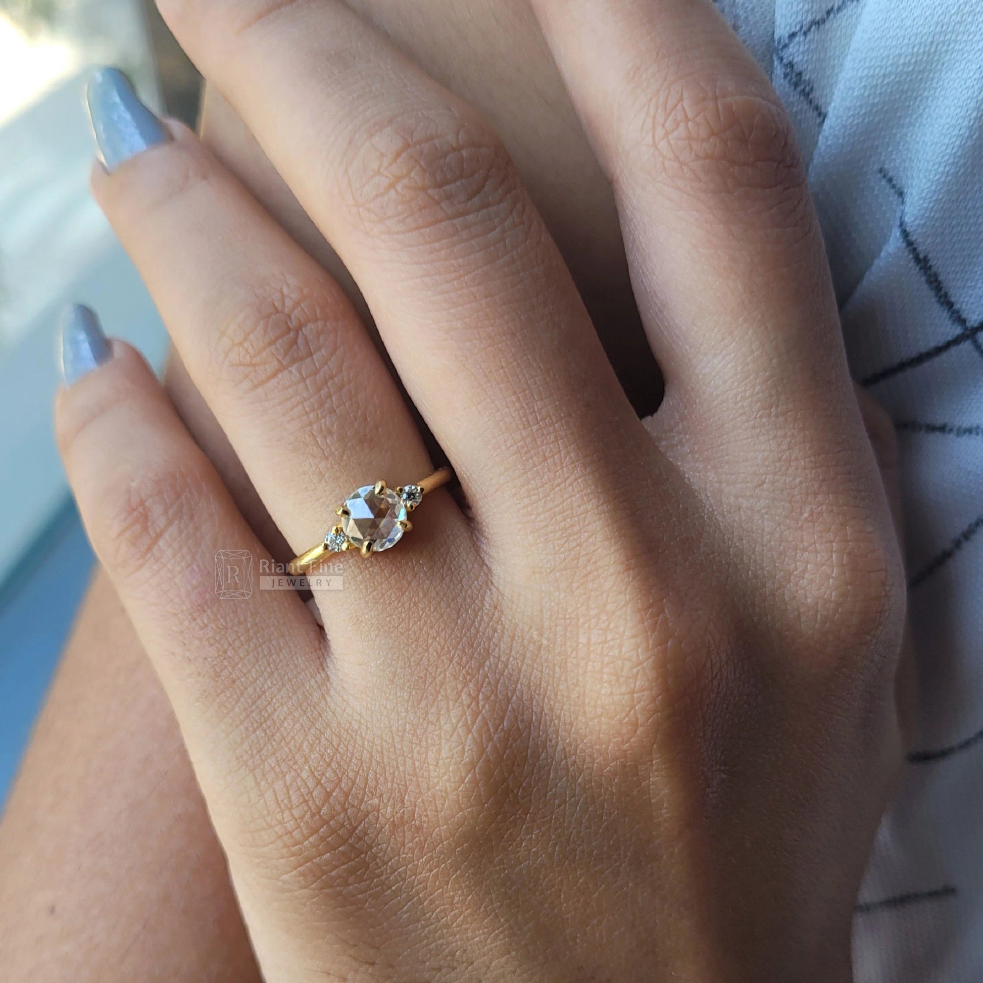 Three Stone Round Rose Cut Moissanite Engagement Ring - Riant Fine Jewelry LLC