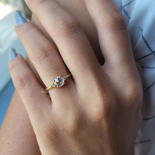 Three Stone Round Rose Cut Moissanite Engagement Ring - Riant Fine Jewelry LLC