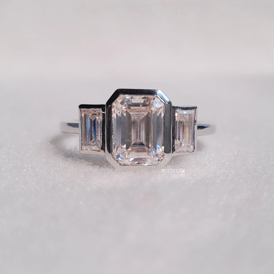 Riant Fine Jewelry : antique emerald cut lab grown diamond rings, engagement rings for women, bezel set rings, three stone rings for women
