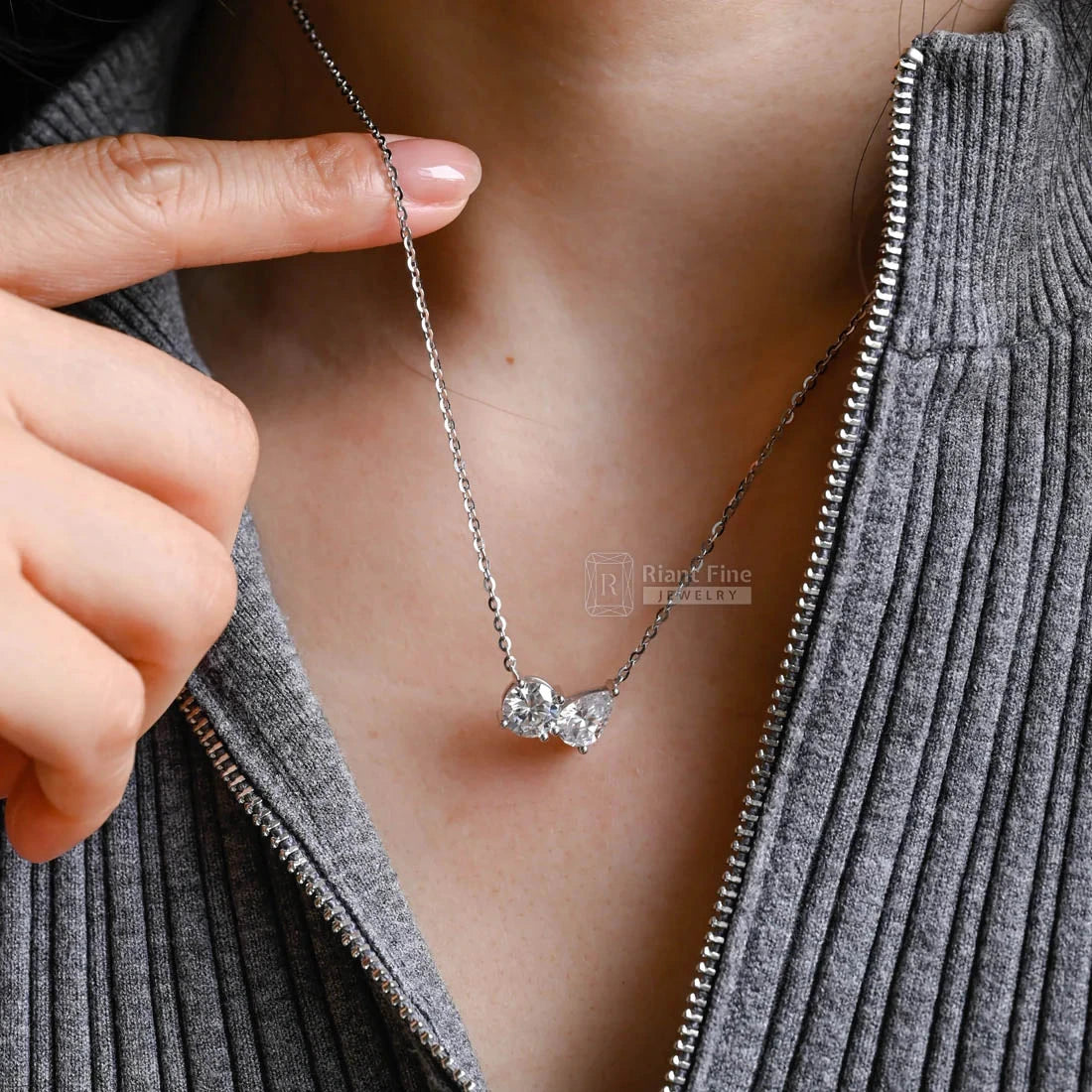 Round and Pear Moissanite Necklace