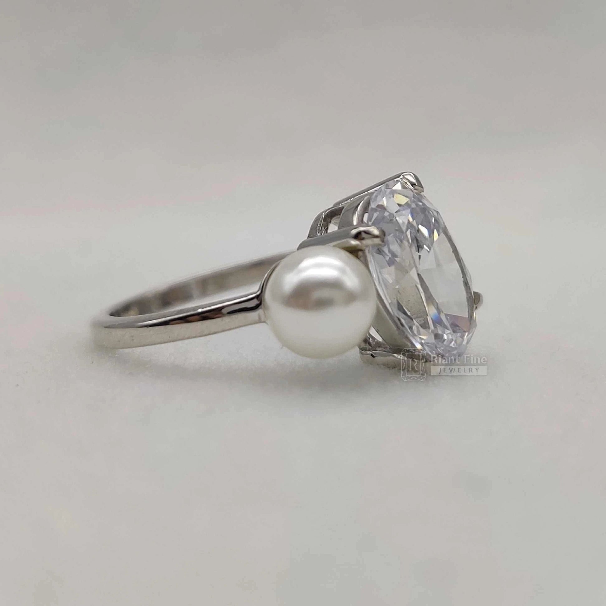 Toi Et Moi Oval Diamond Pearl Engagement Ring for Women - Riant Fine Jewelry LLC