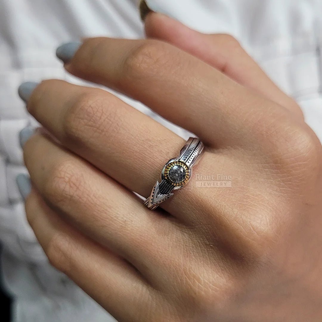 Unique Round Salt & Pepper Natural Black Diamond Men Ring - Riant Fine Jewelry