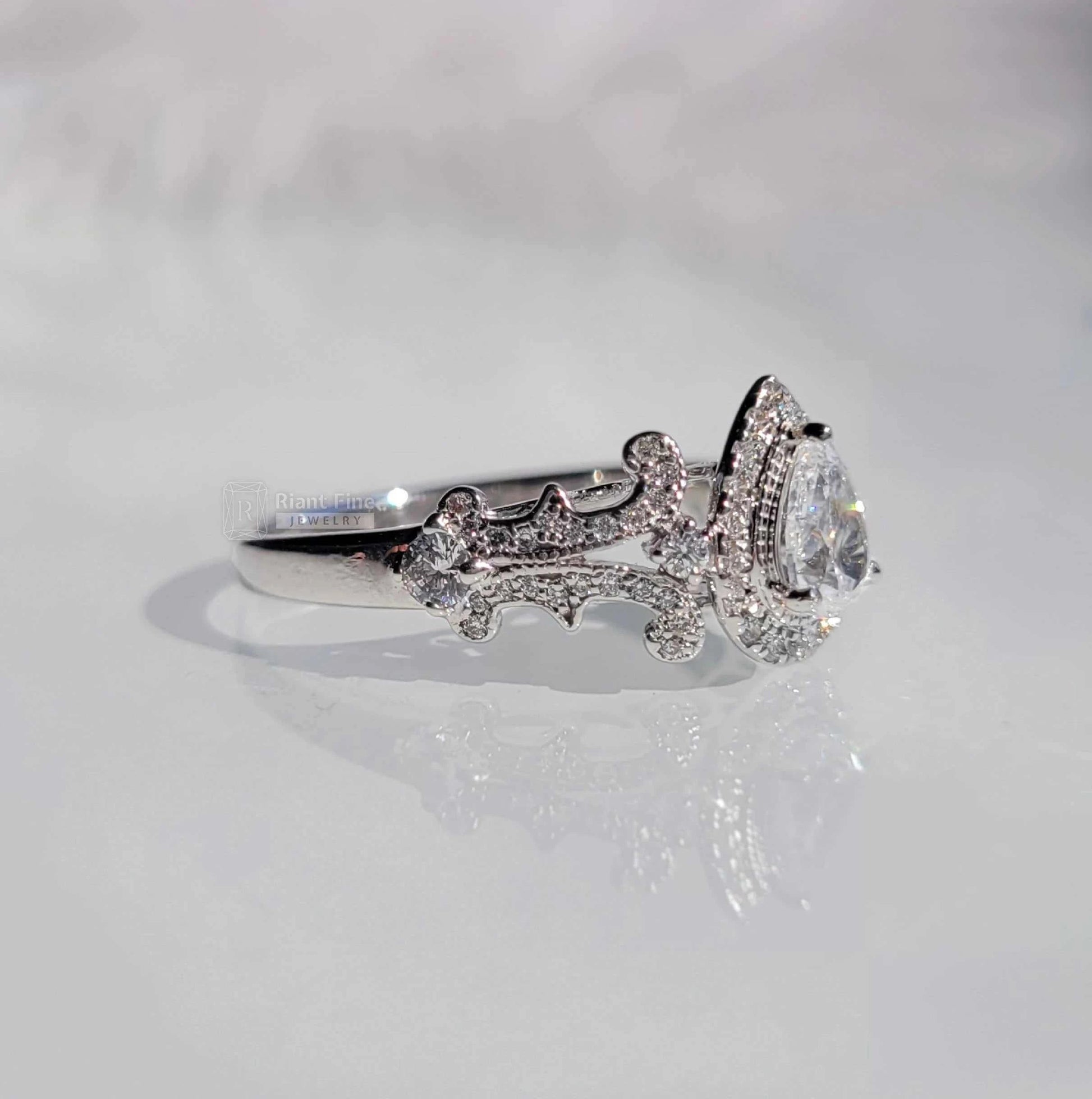 Vintage Halo Diamond Ring in 14K White Gold - Riant Fine Jewelry LLC