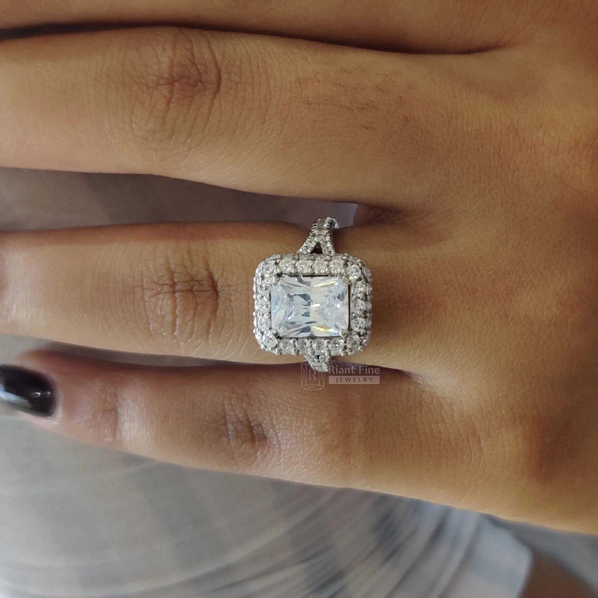 Vintage Radiant Cut Moissanite Halo Ring | 14K Gold Pave Set - Riant Fine Jewelry LLC