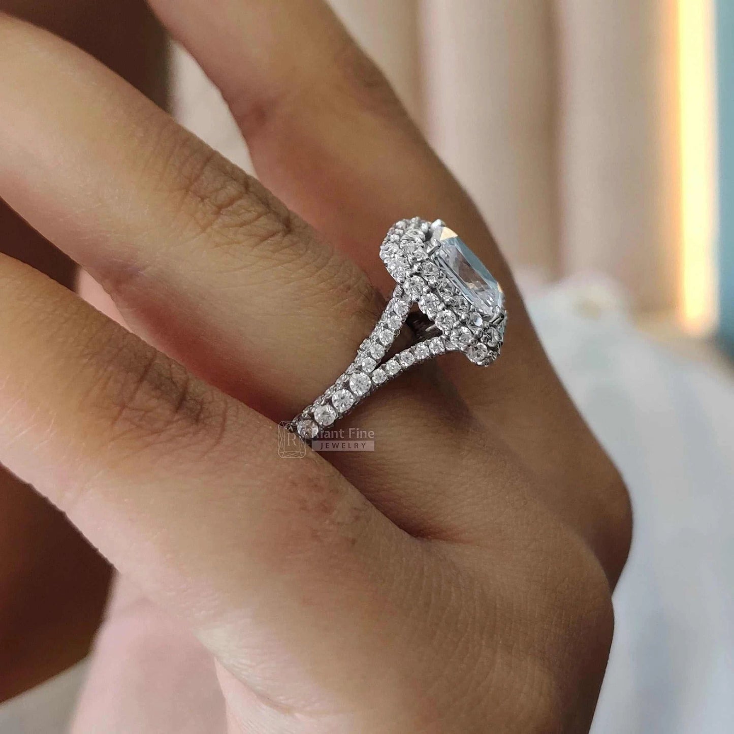 Vintage Radiant Cut Moissanite Halo Ring | 14K Gold Pave Set - Riant Fine Jewelry LLC
