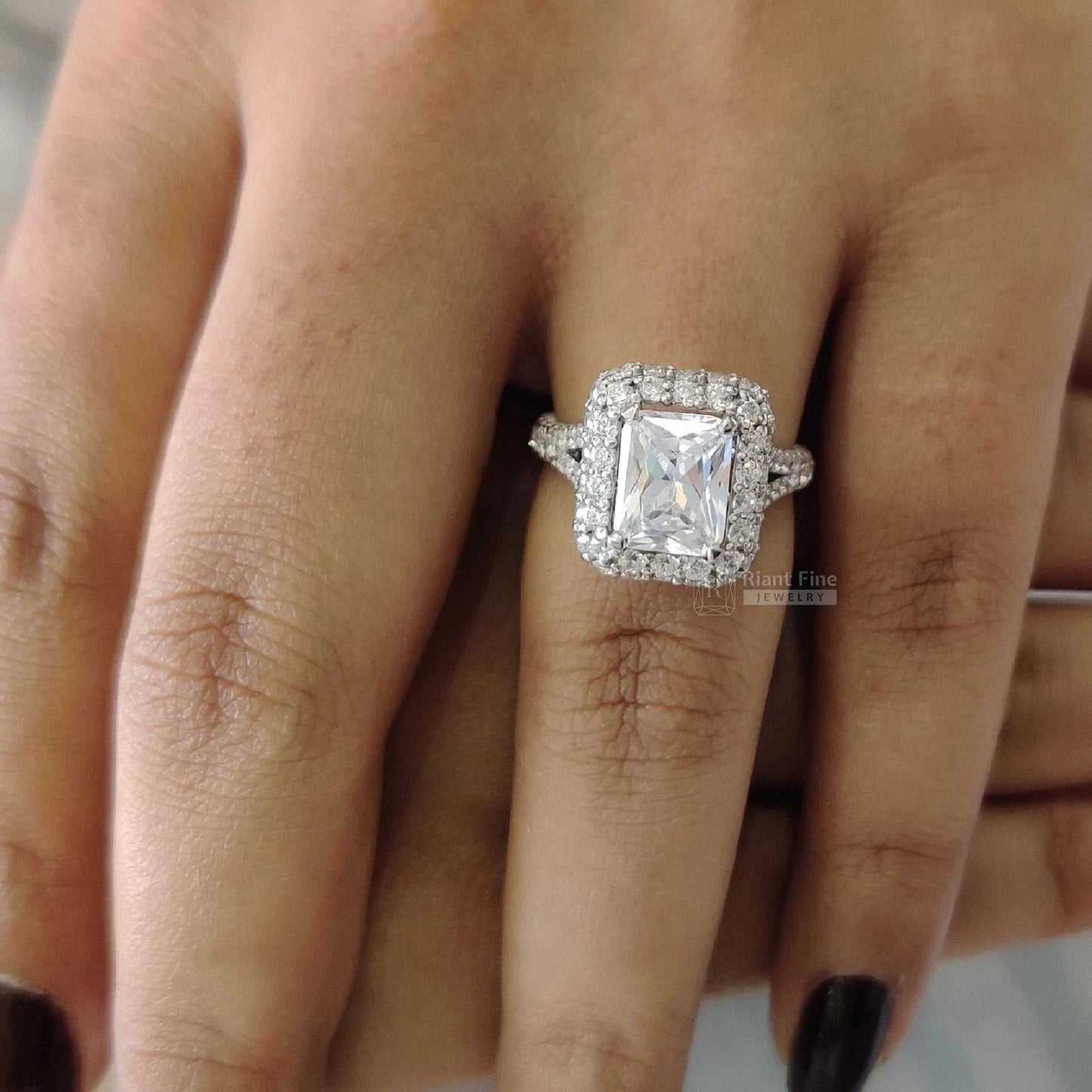 Vintage Radiant Cut Moissanite Halo Ring | 14K Gold Pave Set - Riant Fine Jewelry LLC