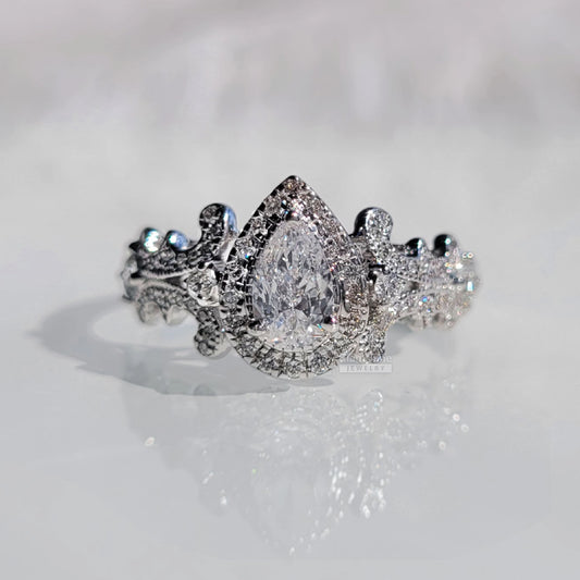 Riant Fine Jewelry : tear drop cut lab grown diamond rings, halo engagement rings for women, 14k white gold antique wedding rings